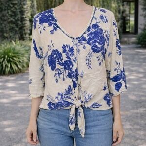 Studio Petite Blue Floral Tie Front V Neck Top 3/4 Sleeve Women PL